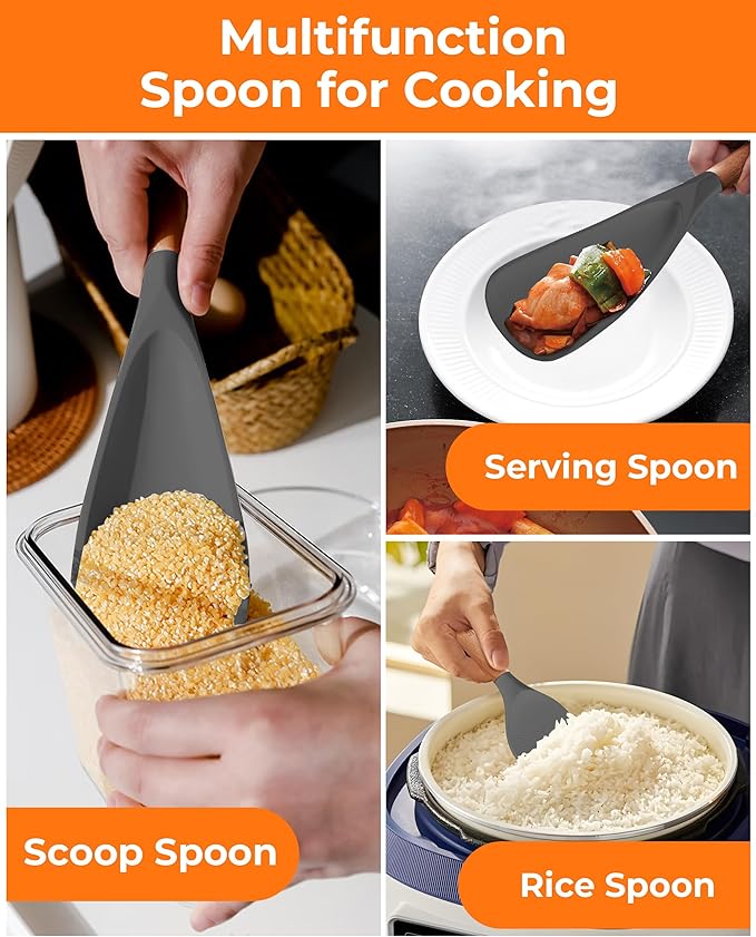 Cooking Spoon Multifunction Spoonula Silicone Spatula Spoon 2-Pack, Dual-Use Heat Resistant 446°F, BPA-Free Non-Toxic Wooden Handle Rice Spoon Set for Non-Stick Cookware & Rice Cookers (Gray)