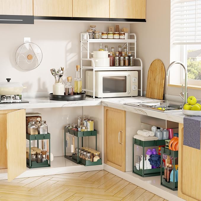 Simple Trending Under Sink Organizer 2 Pack, with Sliding Drawer, Green | 2-Tier Multi-Use Under Shelf Organizer with Hooks, Sink Pull-Out Sliding Storage Cabinet for Kitchen Bathroom, Easy Assembly