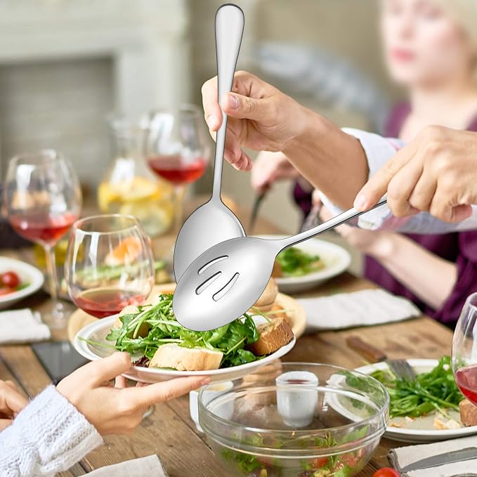 LIANYU 9-Piece Large Serving Utensils Set, 9.8 Inch Stainless Steel Buffet Banquet Catering Serving Spoons Forks and Tongs Set, Dishwasher Safe