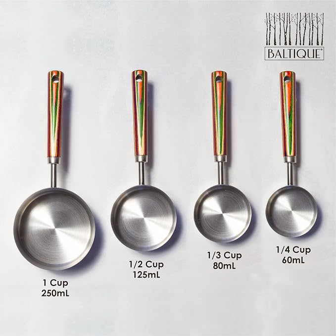 Totally Bamboo Baltique Marrakesh Collection 4-Piece Measuring Cup Set, Stainless Steel Measuring Cups with Wooden Handles for Cooking and Baking