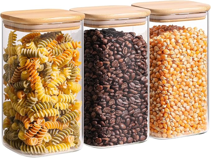 ComSaf Glass Storage Containers wtih Lids 1.4 Qt, Set of 3 Galss Jars | Glass Pantry Storage Containers, Square Kitchen Canisters, Lid with Silicone Seal, Cookie, Cereal, Coffee, 44oz, BPA Free