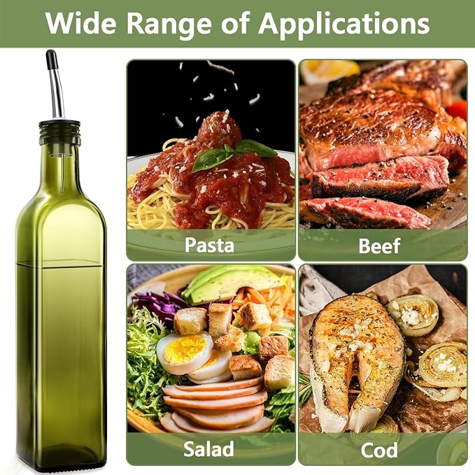 Leaflai 2 Pcs Green Glass Olive Oil Dispenser and Vinegar Dispenser Set with 2 Stainless Steel Pourers, 4 Labels, 1 Brush, 1 Funnel (500ml) for Kitchen, Cooking, Salad Dressing, Barbecue, Mixing