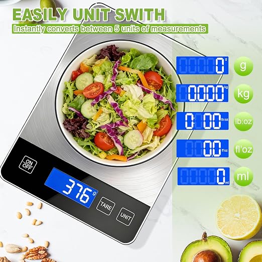 Digital Kitchen Scale, 33lb Food Scale Precisely Measures Grams and Ounces for Baking, Cooking, and Meal Prep, Rechargeable 304 Stainless Steel with LCD Display, Batteries and USB Charging Included