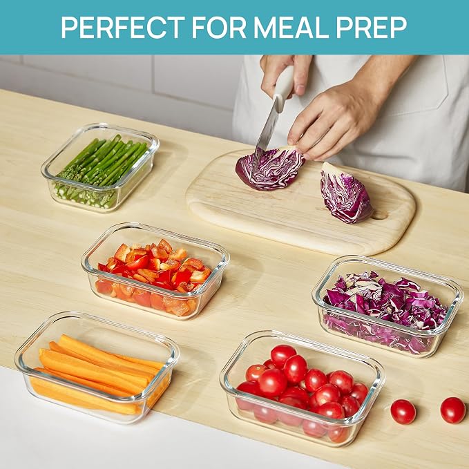 Vtopmart 5Pack 22oz Glass Storage Containers with Lids, Green | Glass Meal Prep Food Container Sets, Snap Airtight Lid, For Microwave, Oven, Freezer and Dishwasher, BPA Free