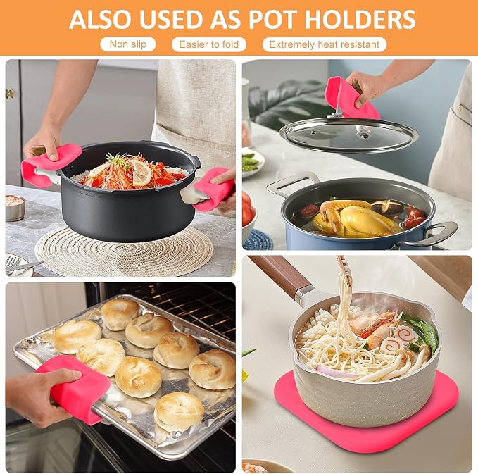 Silicone Trivets for Hot Pots and Pans, Pot Holders Hot Pads 6 Pack Silicone Mats for Kitchen Counter, Soft Durable Drying Mat, Jar Opener and Coasters (Pink)