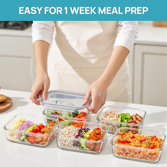 Vtopmart 5Pack 30oz Glass Meal Prep Container Sets with Lids, Grey | Glass Food Storage Containers, Snap Airtight Lid, For Microwave, Oven, Freezer and Dishwasher Safe, BPA Free