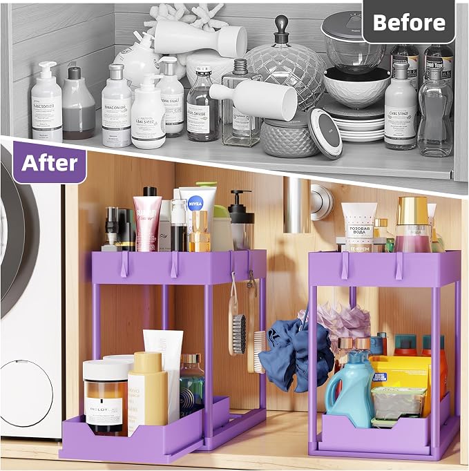Simple Trending Under Sink Organizer 2 Pack, with Sliding Drawer, Purple | 2-Tier Multi-Use Under Shelf Organizer with Hooks, Sink Pull-Out Sliding Storage Cabinet for Kitchen Bathroom, Easy Assembly