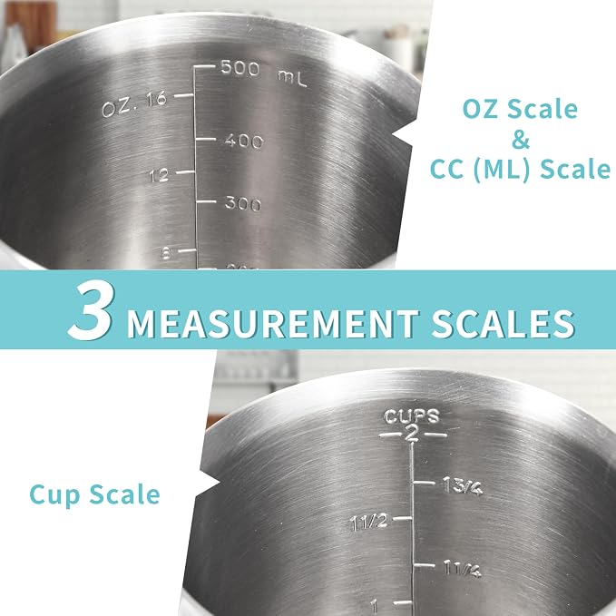 Newness 5-Pack Stainless Steel Measuring Cups Set, Metal Measuring Cup | (3 Marking, Cup/ML/Oz Scale)(2, 3, 4, 6 & 8 Cup) Metal Measuring Cup with Handle For Prepping, Baking and Cooking, Dishwasher