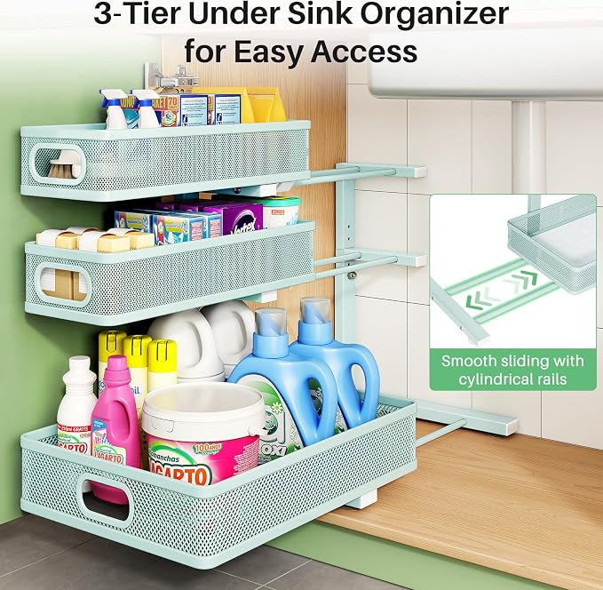 Under Sink Organizer, 2-Pack 3-Tier Height Adjustable Thickened Metal Pull out Cabinet Organizer Shelf, Slide out Storage Drawer Rack for Bathroom Kitchen Pantry Home Organization, LightBlue