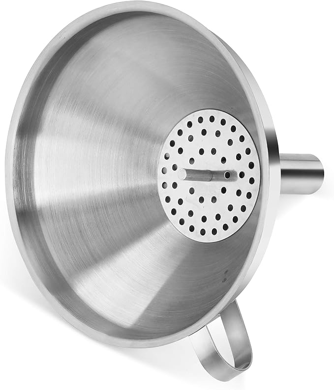 New Star Foodservice Stainless Steel Funnel with Detachable Strainer Filter, 5-Inch, Silver, Heavy-Duty Kitchen Funnel for Liquids, Oils, Sauces, Broths, and Canning