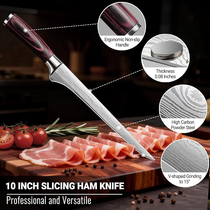 Carving Knife 10 Inch Ham Slicing Knife for Meat Cutting, Ultra Sharp Kitchen Knife High Carbon Stainless Steel Butcher Knife with Wooden Handle, Chinese Cleaver for Perfect Birthday Gifts
