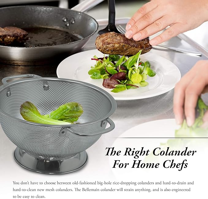 Bellemain 3 Qt Metal Colander with Handle | Pasta, Spaghetti, Berry, Fruit, Vegetable, Kitchen Food Strainer Basket | Premium Stainless Steel Colander Bowl | Pot Drainer for Cooking, Sifter Strainer