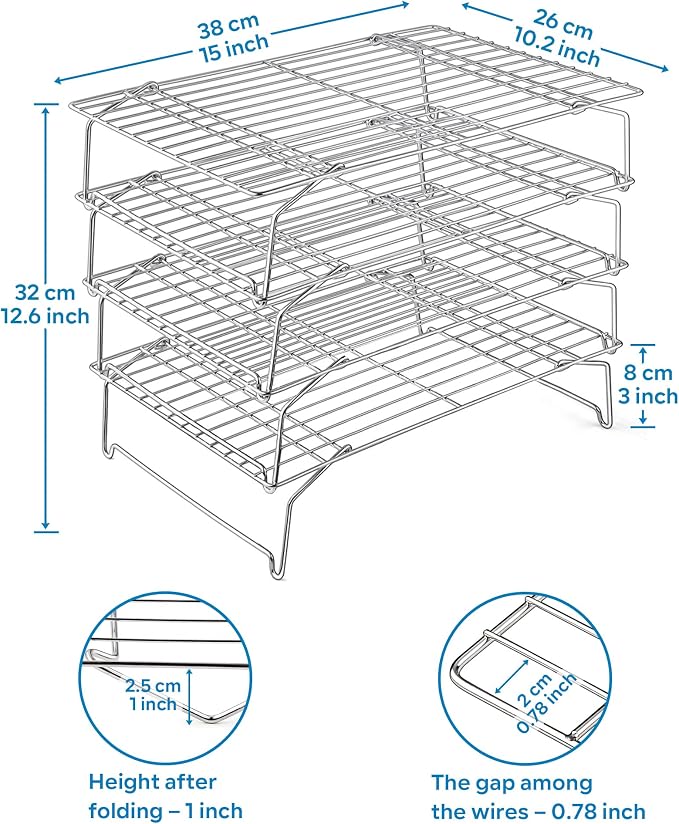 Leonyo 4-Tier 15x10IN Stackable Cooling Racks for Cooking Baking | Stainless Steel Wire Cooking Racks, Collapsible Cookies Cooling Racks for Pizza with Raised Legs, Dishwasher Safe
