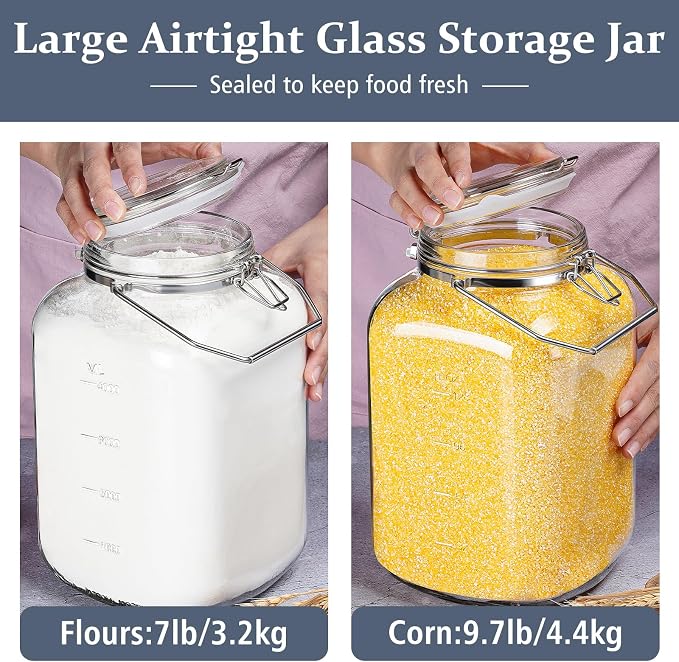 Folinstall 1.5 Gallon Glass Jar with Lid, Wide Mouth Mason Jars, 2PCS | Airtight Lid & Stainless Handle, 4.3" Large Opening, 2 Measurement Marks, BPA-Free, Glass Storage Containers, Dishwasher Safe