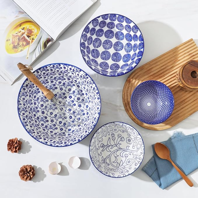 Selamica Ceramic Mixing Bowls, Nesting Bowls Set of 4 for Mixing, Baking, Prepping, Cooking, Salad, 20/36/60/123 oz, Microwave & Dishwasher Safe, Vintage Blue