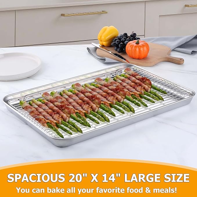Homikit Large Baking Sheet with Wire Cooling Rack (1 Pan+1 Rack), Nonstick | 20x14 Inch XL Stainless Steel Cookie Sheets for Baking, Big Baking Pans with Racks Set, Metal Bacon Tray, Dishwasher Safe