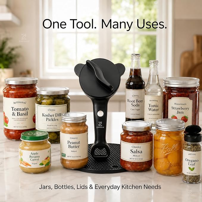Jar Opener for Seniors with Arthritis & Weak Hands, 4-in-1 Adjustable Lid & Bottle Opener Set with Non-Slip Silicone Grip Pad & Stainless Steel Hook, Easy Twist Kitchen Gadget for Elderly (Black)