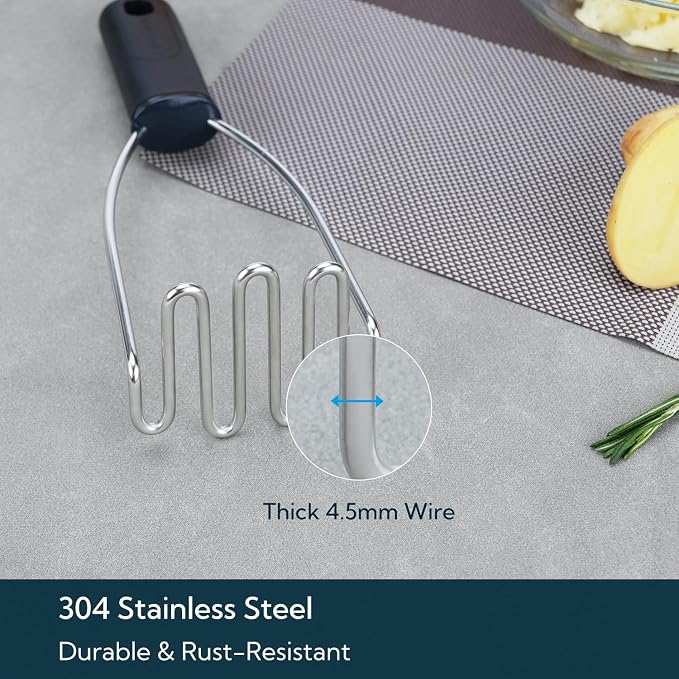 KITCHENDAO 304 Stainless Steel Potato Masher, Heavy Duty Kitchen Tool with Soft-Touch Comfort Grip Handle, Dishwasher Safe & Easy-Store Hanging Loop