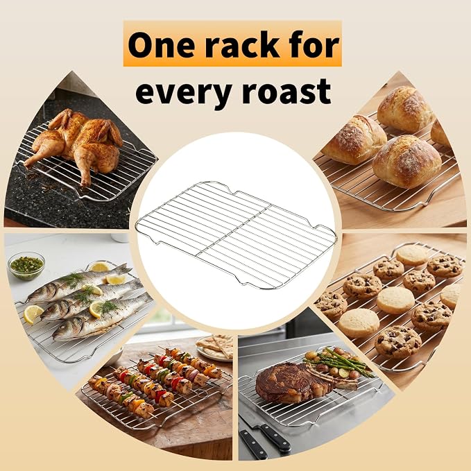 Roasting Pan Rack for 9x13 Inch Pans, Stainless Steel Insert with Raised Feet, Wire Cooling Rack for Toaster Oven, Metal Bacon Cookie Trays Nonstick Rust Free, Easy to Clean, Strong Reliable