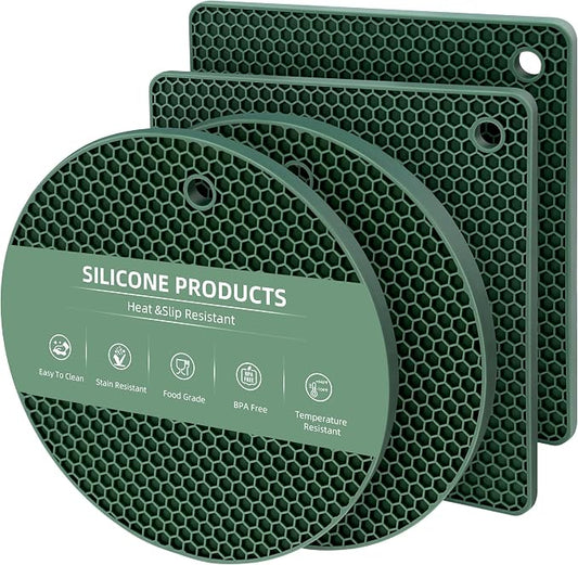 TWTLi Silicone Trivets for Hot Dishes, Set of 4 Trivet Mats, Heat Resistant Hot Pads for Kitchen Countertops, Non-Slip Honeycomb Pot Holders & Counter Protectors for Hot Pots & Pans (Green)