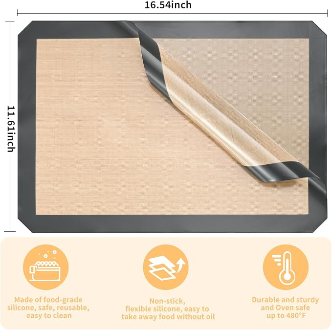 Luckyiren Silicone Baking Mat Set, Non-Stick Reusable Food-Grade Oven Liners, Half Sheet Size 16.54 x 11.62 Inch, Grey, 2 Pack