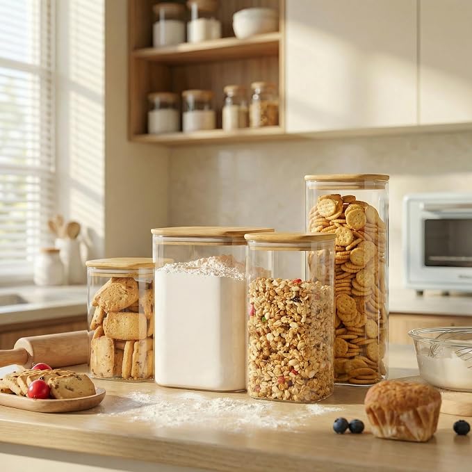 HomArtist Square Glass Jars with Bamboo Lids 30 FL OZ [Set of 6], Glass Canisters with Airtight Lid, Glass Food Storage Container for Pasta, Flour, Sugar, Rice, Best for Kitchen & Pantry | Pantry Jars for Pasta, Rice, Sugar & Flour, Durable Borosilicat...