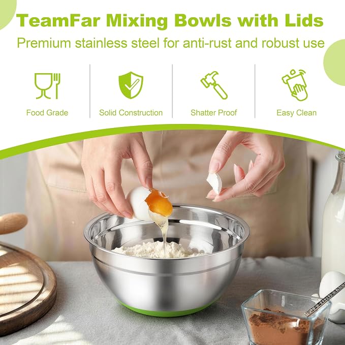 TeamFar Mixing Bowls, Stainless Steel Mixing Bowls with Lids, Nesting Salad Bowls with Air-tight Lids & Non-slip Bottom, Dishwasher Safe & Stackable, Set of 6-4.6/2.6/2 / 1.5/1 / 0.7 Qt