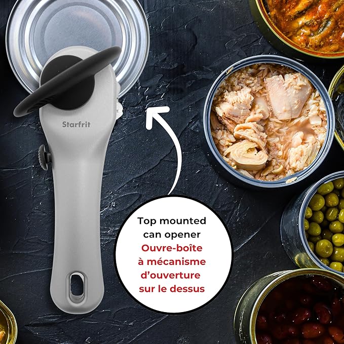 Starfrit Securimax Auto Can Opener, Patented Safe Edge Technology with Lid Lifter, Leaves No Sharp Edges on Lid & Can, Ambidextrous Use, Heavy Duty Non-Slip Knob for Secure Handling