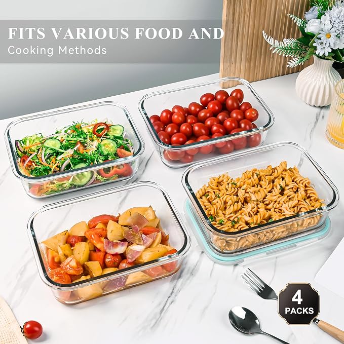 GEHE 4 Pack 52 oz Large Glass Food Storage Containers with Lids - Glass Meal Prep Containers For Baking, Storing, Airtight Lunch Container, Freezer, Dishwasher, Microwave and Oven Safe, BPA Free