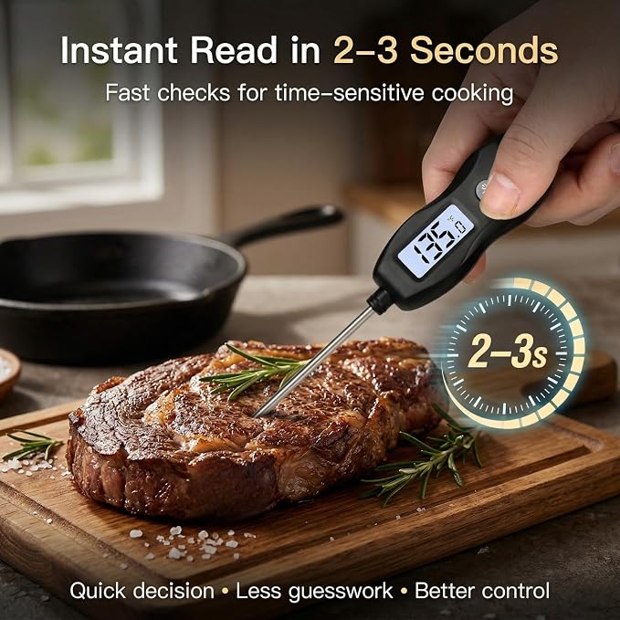 Meat Thermometer Digital Instant Read, Waterproof for Cooking & BBQ (Black) | Backlit food thermometer with 5.3” probe for steak, turkey, oil, candy, liquids, sourdough & baking