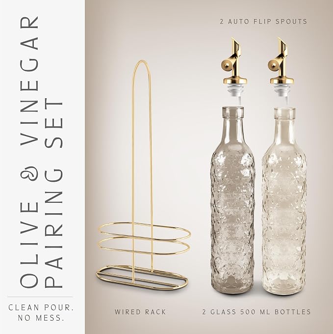 COOK WITH COLOR Glass Olive Oil Bottle Dispenser - 2 Pack- 17oz Oil and Vinegar Cruet - Olive Oil Carafe Decanter for Kitchen, Floral, Brown