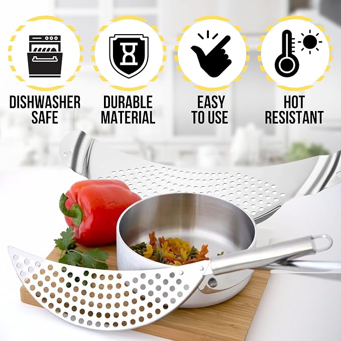 Pack of 2 Pot Strainer with Handle – 10 Inch Stainless Steel Colander with Handle Held Crescent Drainer Pan Crescent Pot Strainer Stainless Steel for Kitchen