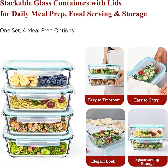 GEHE 4 Pack 52oz Glass Food Storage Containers with Lids, Large Glass Storage Containers with Airtight Lids, Meal Prep Container for Storing & Serving, Leak Proof, BPA Free, Microwave/Oven Safe