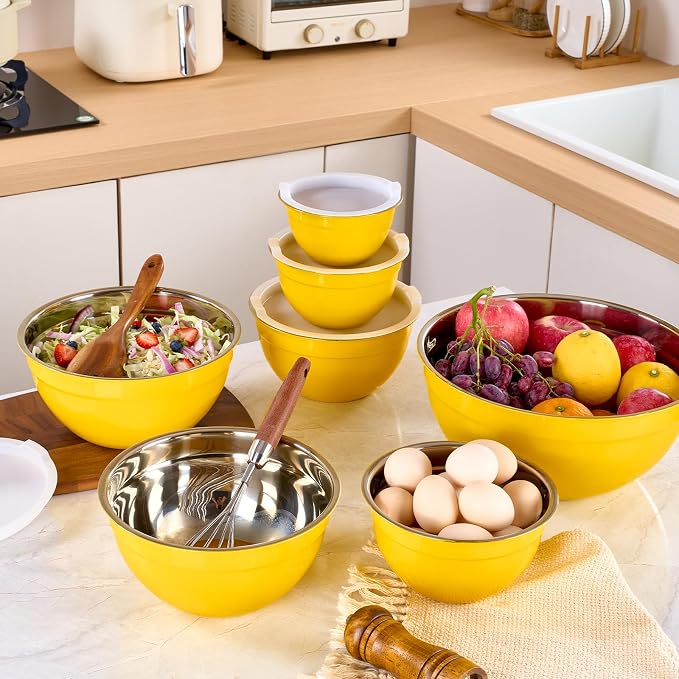 Yellow Mixing Bowls with Lids Set of 7, Stainless Steel Nesting Bowl with Khaki Lid for Non-slip Mixing Prepping Storing Serving, 7 Sizes-7/3.6/2.7/2.1/1.5/1/0.8 QT