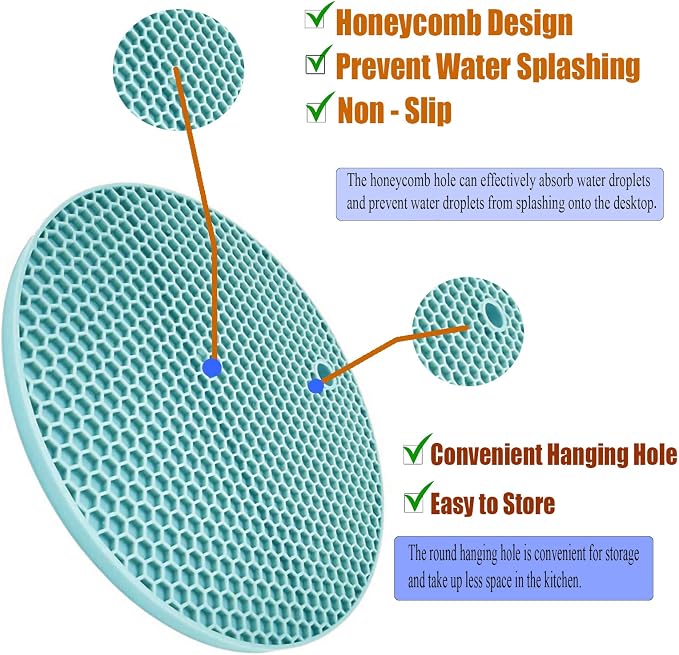 5 Pcs Round Silicone Trivets Pot Holder Mats,Extra Thick Heat Resistant Kitchen Countertop Mats,Honeycomb Rubber Hot Pads Trivets for Hot Dishes,Flexible Jar Opener Multi-Purpose Coasters Teal