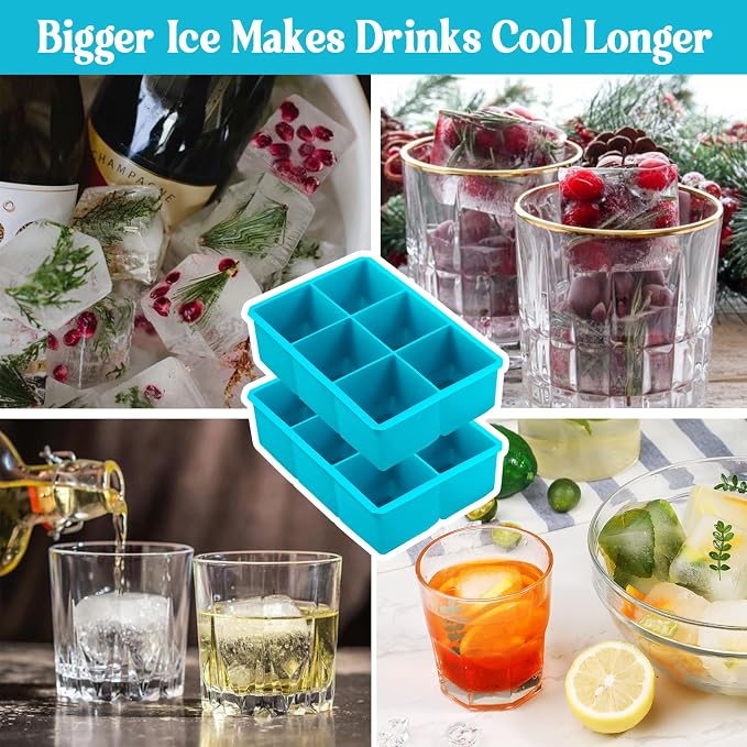 Webake 2 Inch Large Ice Cube Tray, Flexible Ice Mold Silicone Big Ice Cube Trays for Whiskey Cocktails and Treats, BPA Free Blue Square Silicone Mold Pack of 2