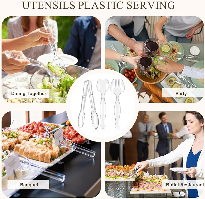 Mwellewm 48Pcs Plastic Serving Utensils Disposable Serving Spoons for Buffet Clear Forks Serving Tongs 8.5'' Heavy Duty Large Party Utensils Supplies for Restaurant Food Dinner Salad Noodles Soup