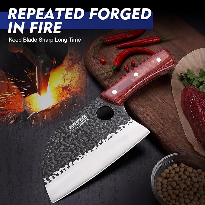 6.8Inch Serbian Chef Knife- Meat Cleaver, Butcher Knife set with Leather Sheath and Whetstone, Kitchen Knives for Home, Camping, BBQ