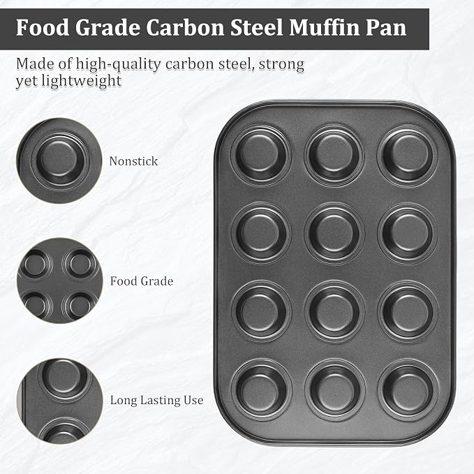 Mini Muffin Pan 2-Pack, Premium Small Cupcake Pans, Carbon Steel 12-Cup Muffin Tin, Versatile Non-Stick Bakeware