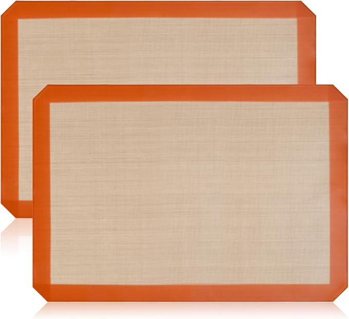 Luckyiren 2 Pack Silicone Baking Mat Set, Nonstick Half Sheet, Orange/Beige | Two 16.54 x 11.62 in reusable nonstick silicone baking mats fit half sheet pans; cookie sheet liners for cookies and pastry.