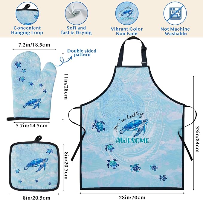 Sea Turtle Gifts for Women,8PCS Coastal Bamboo Cooking Utensil Spoon with Apron Oven Mitt Potholder for Kitchen Decor,Ocean Themed Stuff for Turtle Lovers,Mom,Easter,Housewarming,Birthday Gifts