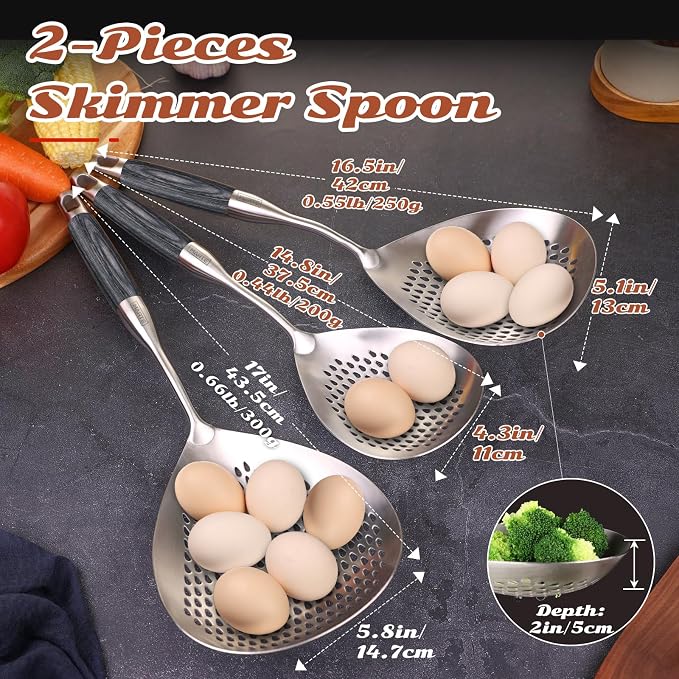 MARTE Skimmer Slotted Spoon,304 Stainless Steel Pasta Spider Strainer Ladle for Frying and Cooking,Set of 2 Kitchen Colanders & Food Strainers，Serving Spoon with Heat-Resistant Solid Wood Handle