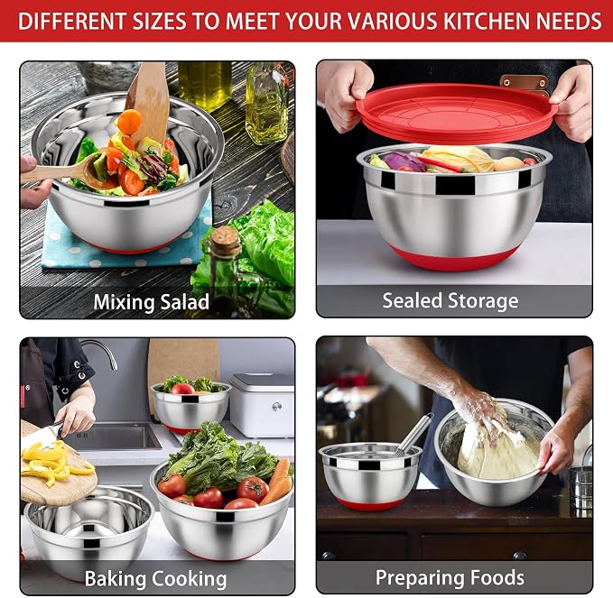 LIANYU Mixing Bowls Set of 6 with Airtight Lids, Non-slip Bottom | Large Metal Size 7, 3.5, 2.5, 2, 1.5, 1QT, Stainless Steel Nesting Bowls for Cooking, Baking, Food Storage, Red