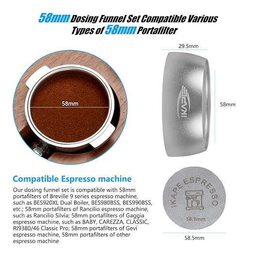 IKAPE Dosing Funnel Set, 58mm Espresso Dosing Ring & Puck Screen Kit Compatible with 58 mm Bottomless Portafilter Silver
