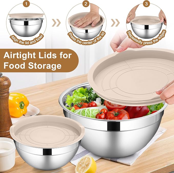 LIANYU 6 PCS Mixing Bowls with Lid Set, Size 7 & 3.5 & 2.5 & 2 & 1.5 & 1QT | Stainless Steel Cooking Serving Bowls, Kitchen Metal Nesting Bowl for Prepping & Food Storage, Dishwasher Safe, Khaki