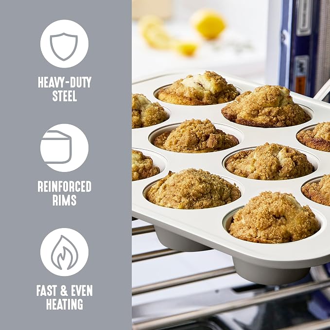 GreenLife 12 Cup Ceramic Nonstick Muffin Pan, Gray | 11.4" x 1.9" x 15.9", PFAS-Free Nonstick, Cupcake Tin, Easy Release, Even Heating, Wipe Clean, Heavy Duty, Warp Resistant