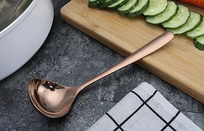 Comicfs Soup Ladle, 4 Pack Durable SUS 304 Stainless Steel with Polished Titanium Plated Big Volume Soup Spoon, Kitchen Gadget Utensil 8-Inch (Rose Gold)