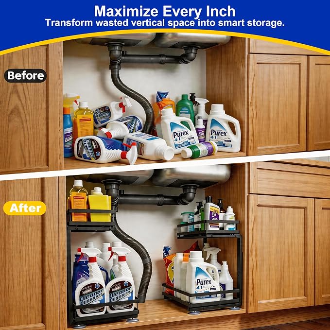 2-Tier Metal L-Shaped Pull-Out Under Sink Organizer, Black, 1 Pack | 1 complete set; ball-bearing slides; 6-level height; no-drill setup