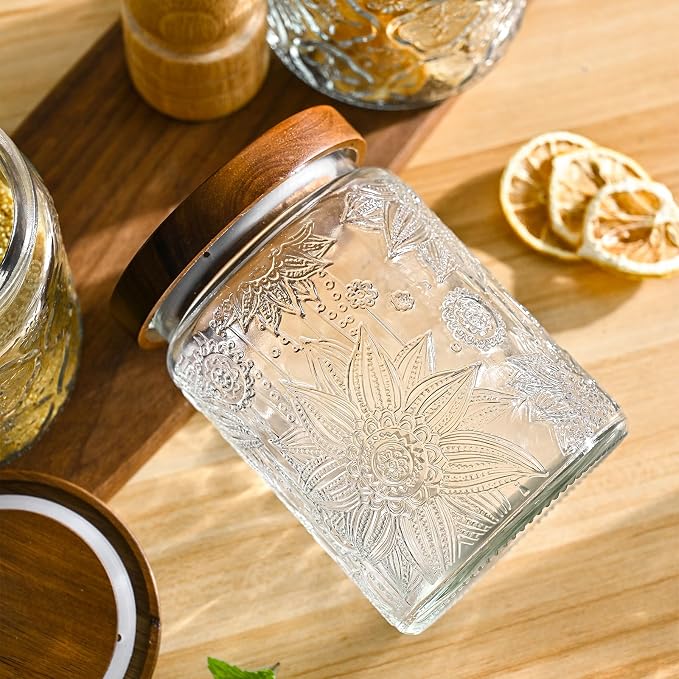 Adodeen Glass Storage Containers With Lids, Glass Jars With Lids, 24OZ | Airtight Glass Food Storage Containers, Kitchen Canisters For Sugar, Coffee, Tea, Spice, Flour, Candy, Pasta, Cereal