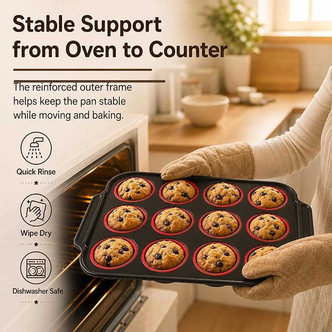 2 Pack Silicone Muffin Pans for Baking, 12-Cup Muffin Tin with Metal Frame | 2 Pack value, 12-Cup muffin pans, Reinforced metal frame, Easy release cups, Nonstick silicone, Oven & dishwasher safe